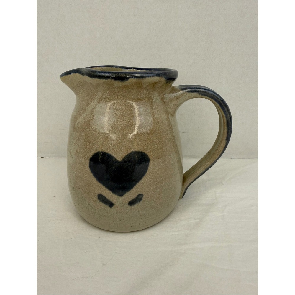 Marlene‎ Signed Studio Pottery Heart Stoneware Pitcher Blue Salt Glaze Farmhouse